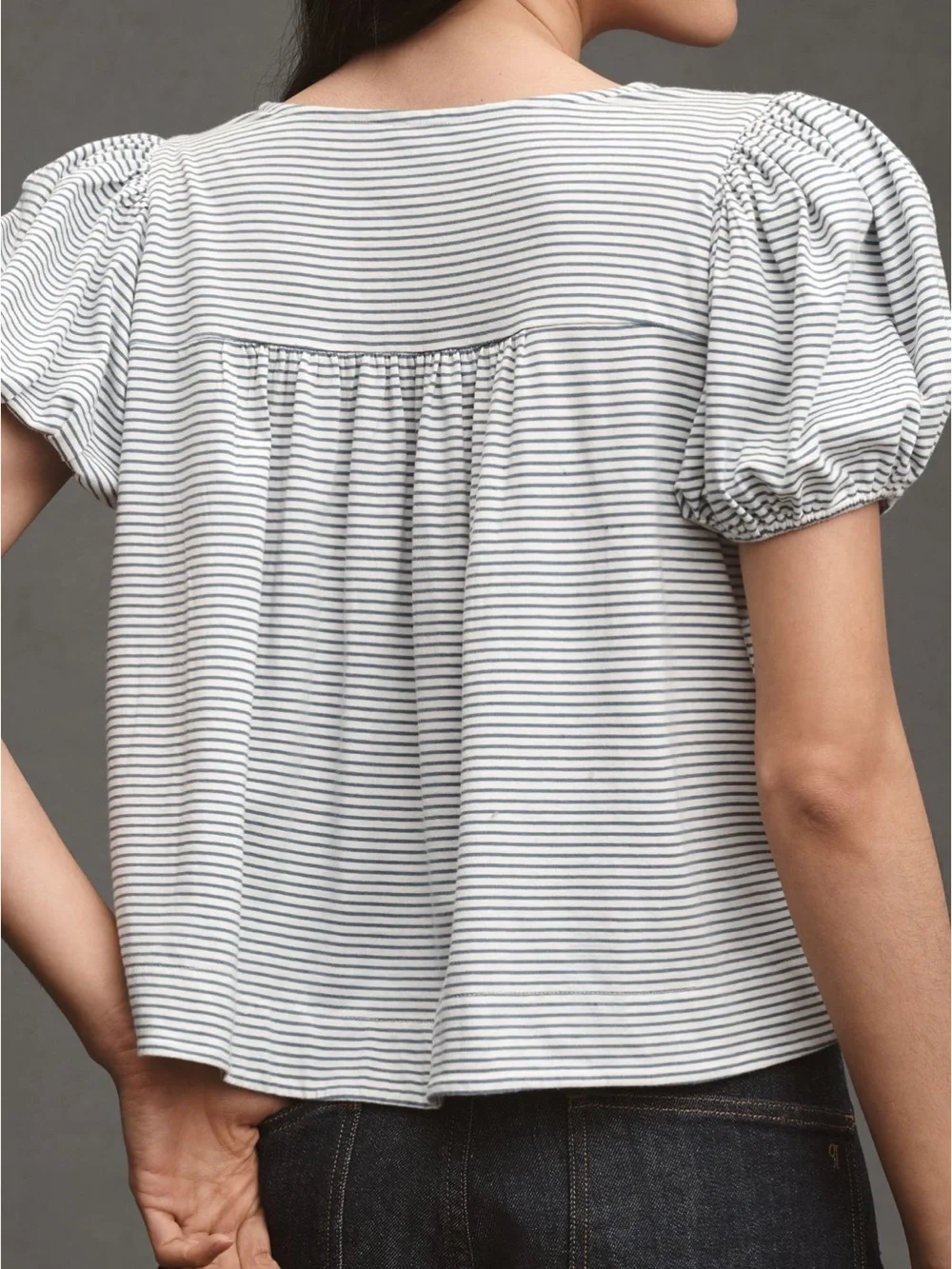 Anthro Maeve Square Neck Puff Sleeve Stripe Swing Tee - Picture 7 of 7